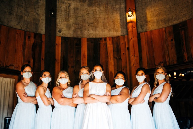 Wedding during Covid, bridesmaids with masks on