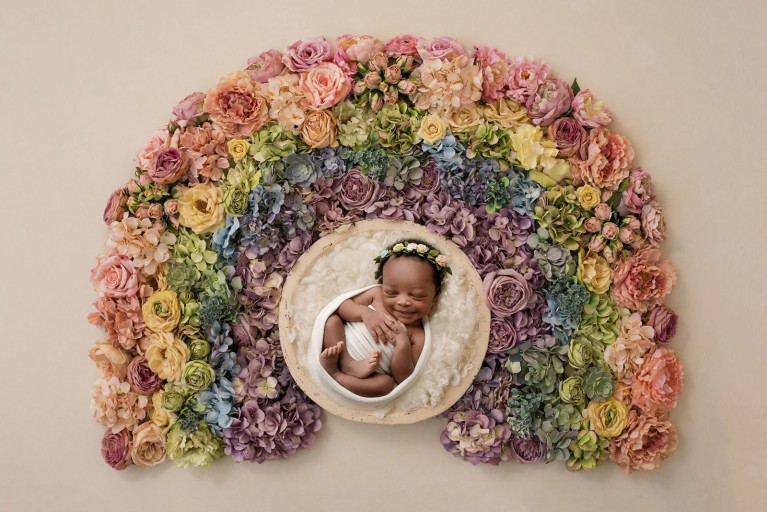 Rainbow baby photo with flowers