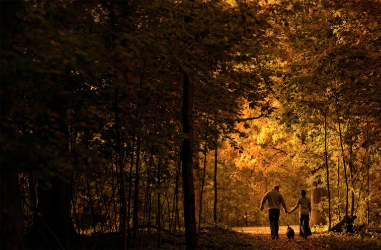 Julia Woods on why memories matter most, two people walking through woods with dog