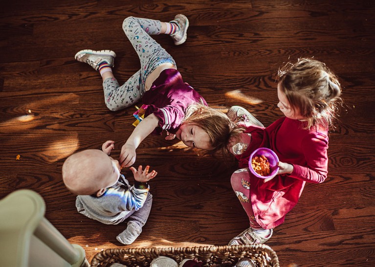 Kids playing, shot from above