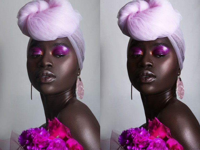 Before and after photos of Black woman's skin photography tutorial